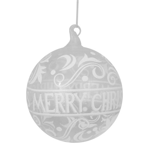 Glass "Merry Christmas" Ball Ornament - 6" (150mm) - Clear and White
