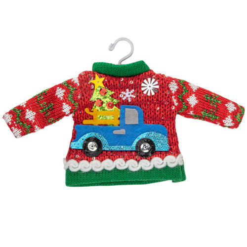 9" Red Ugly Sweater on a Hanger with a Truck Design Christmas Ornament