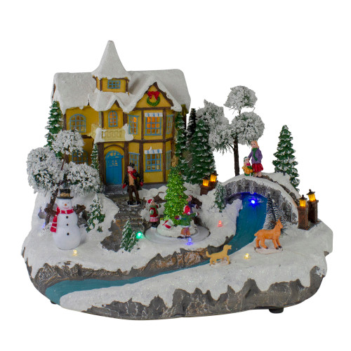 15" LED Lighted Yellow Cottage Christmas River Scene with Music - Pre-Lit