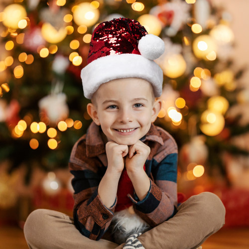 15" Red and Silver Reversible Sequined Christmas Santa Hat with Faux Fur Cuff