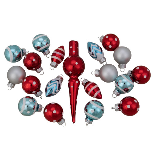 19ct Red and Blue Frosted Glass Christmas Ornaments and Tree Topper Set 5.25"