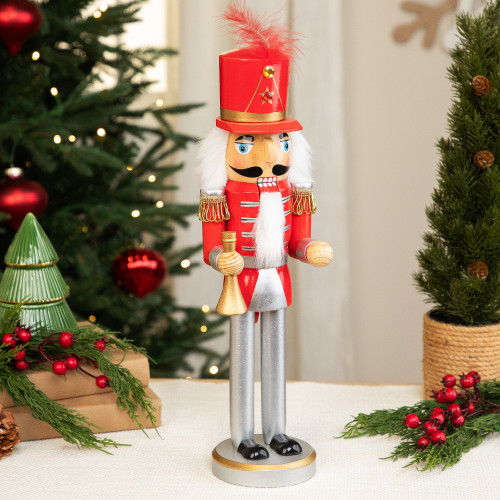 14" Red and White Wooden Christmas Nutcracker with Horn