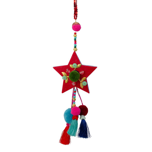 9.5" Red Bohemian Star with Pom Pom Christmas Ornament