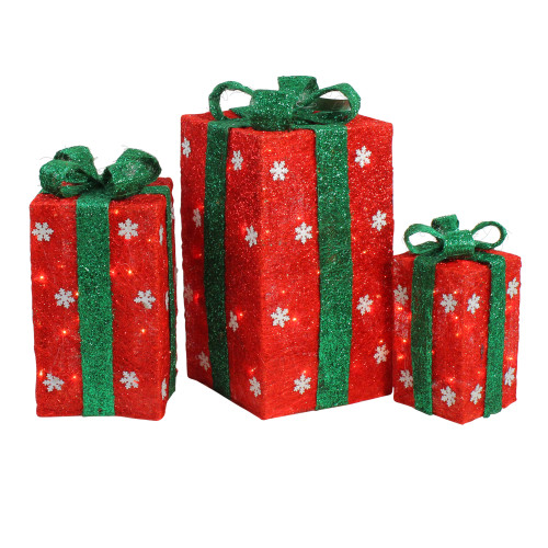 Set of 3 Lighted Tall Red Gift Boxes with Green Bows Christmas Outdoor Decorations 18"