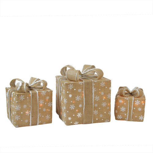 Lighted Snowflake Burlap Gift Boxes Outdoor Christmas Decorations - Clear - Set of 3