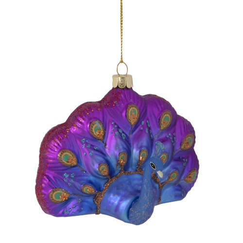 Sitting Glittered Peacock Glass Christmas Ornament - 4.25" - Purple