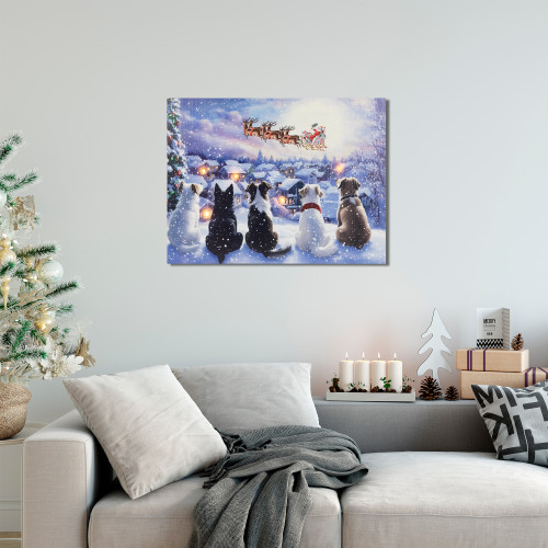 LED Lighted Dogs and Santa's Sleigh Christmas Canvas Wall Art - 12" x 15.75"