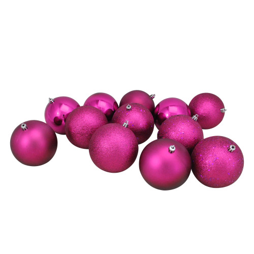 12ct Magenta Pink Shatterproof 4-Finish Christmas Ball Ornaments 4" (100mm)