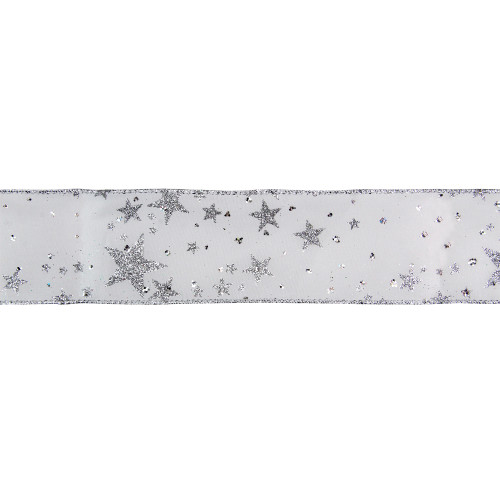 Shimmering White and Silver Stars Christmas Wired Craft Ribbon 2.5" x 16 Yards