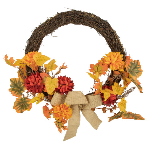 Mums and Maple Leaves Small Artificial Fall Harvest Wreath with Burlap Bow - 20"