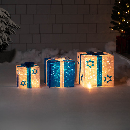 Lighted Shimmering Hanukkah Outdoor Gift Boxes - 12" - Set of 3