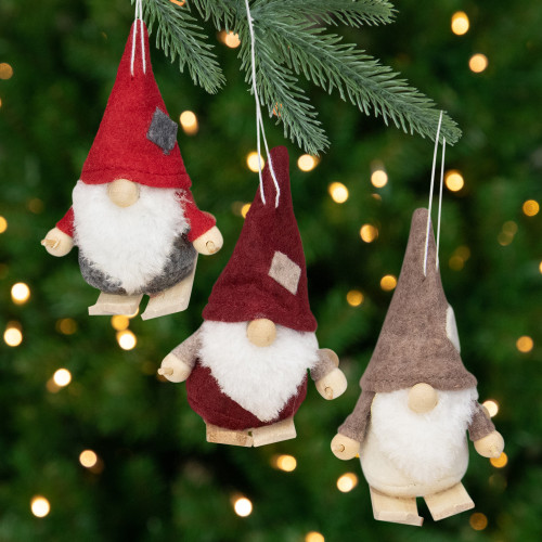 Set of 3 Red and Gray Skiing Gnome Christmas Ornaments 4"