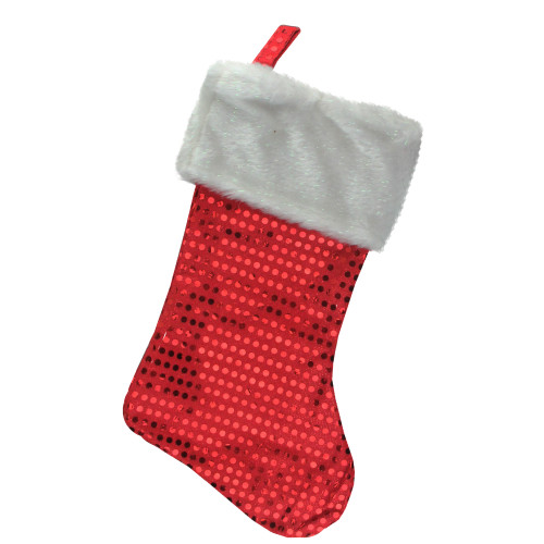 18" Red and White Sequined Traditional Christmas Stocking