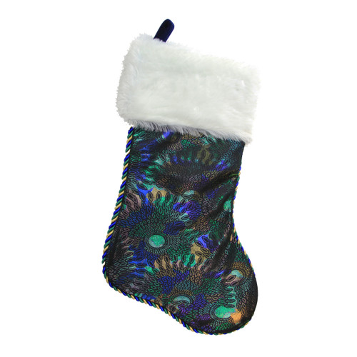 19" Blue and Green Peacock Shimmer with Plush Cuff Christmas Stocking
