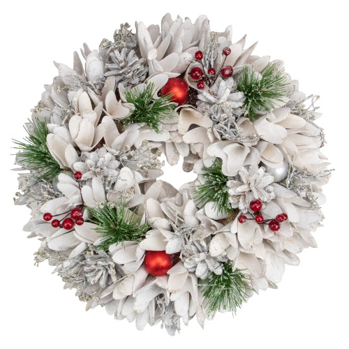 14in White Wooden Flower and Pinecone Christmas Wreath