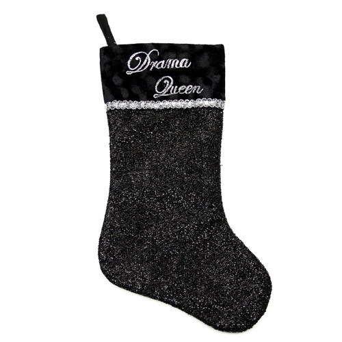 17" Black and Silver Embroidered "Drama Queen" Christmas Stocking