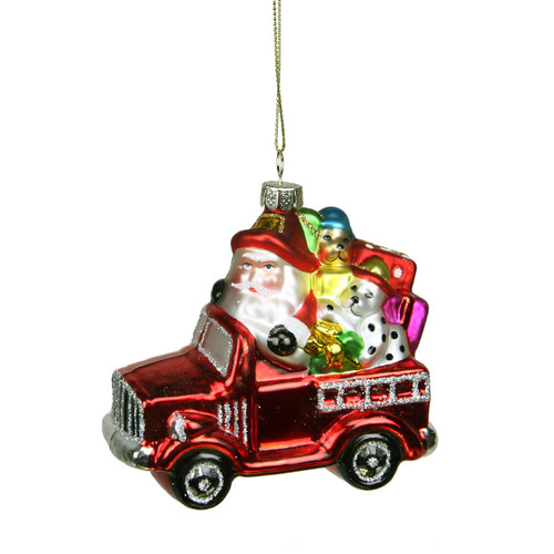 Fire Truck with Santa and Presents Glass Christmas Ornament - 4" - Multicolor