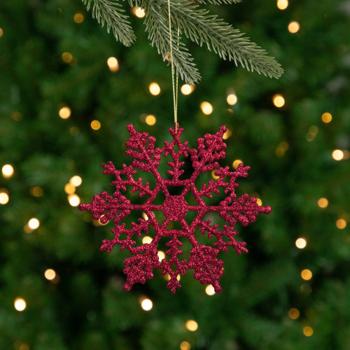 Glitter Snowflake Christmas Ornaments - 4" (100mm) - Berry Pink - 24ct