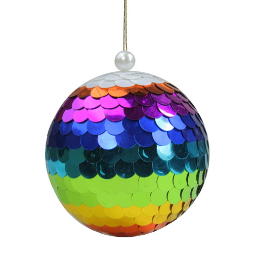 Vibrantly Colored Shiny Sequin Rainbow Hanging Christmas Ball Ornament 4.75" (120mm)