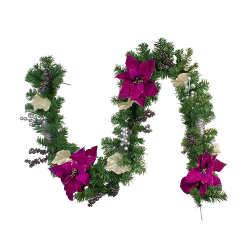 Poinsettia and Pine Cone Berries Artificial Christmas Garland - 6' x 10" - Unlit