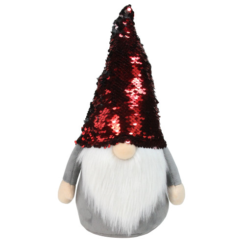 Standing Gnome with Flip Sequin Hat Christmas Figure - 11" - Red and Gray