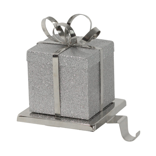 Glittered Gift Box with Bow Metal Christmas Stocking Holder - 5.5" - Silver