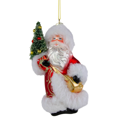 Santa Claus with Christmas Tree Glass Ornament - 6.25" - Red and White