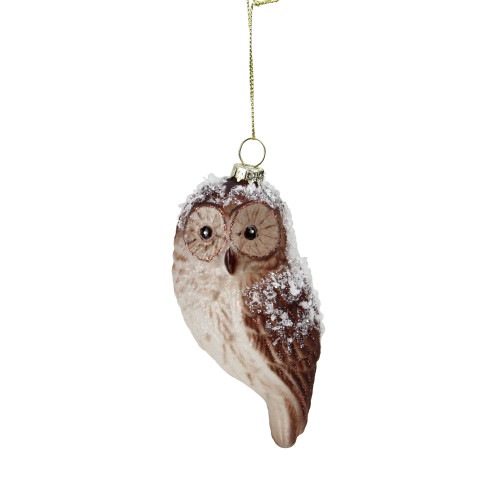 4.75" Brown Glitter and White Frosted Glass Owl Christmas Ornament