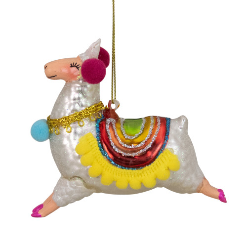 4" White and Yellow Happy Sparkly Llama with Rainbow Saddle Glass Christmas Ornament
