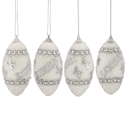 4ct White and Silver Glittered Shatterproof Christmas Finial Ornaments 4.5"