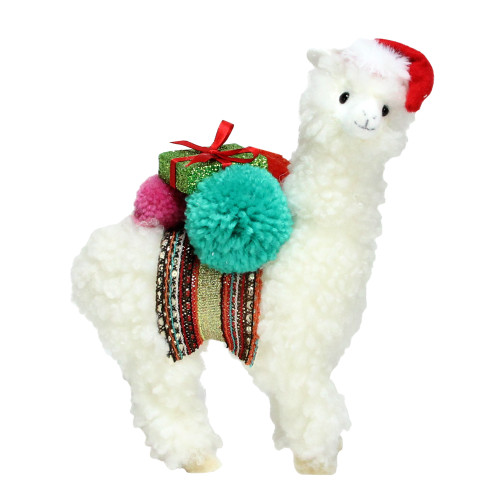 10" White Plush Bohemian Llama Christmas Figure with Pom Poms