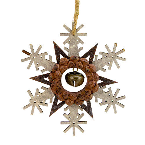 Wooden Snowflake Christmas Ornament with Jingle Bell - 6" - Brown and Beige