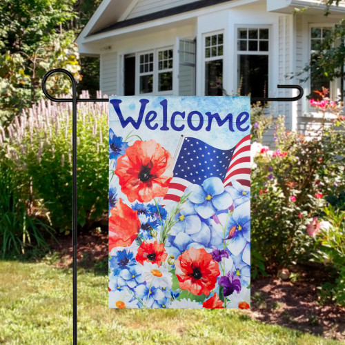 Blooming Flowers "Welcome" Patriotic Outdoor Garden Flag - 18" x 12.5"