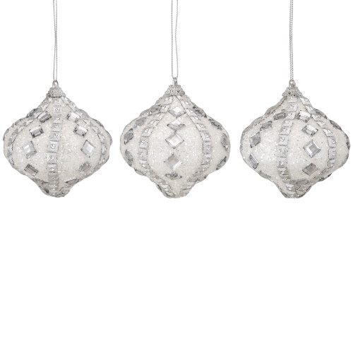 3ct White and Silver Rhinestone Glitter Shatterproof Onion Drop Christmas Ornaments 3" (75mm)