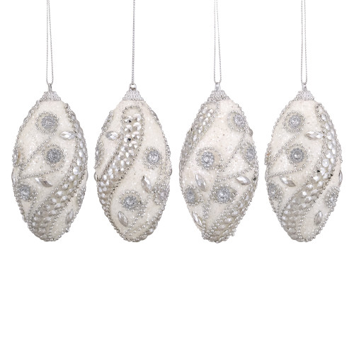 4ct White and Silver Rhinestone Princess Shatterproof Glittered Christmas Finial Ornaments 4.5"