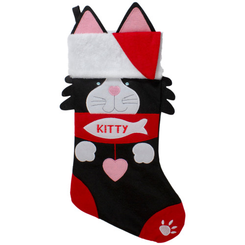 19.5" Black and Red Embroidered Kitty Cat Christmas Stocking