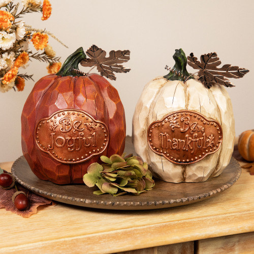 Fall Harvest "Be Joyful" "Be Thankful" Pumpkin Decorations - 7.75" - Set of 2