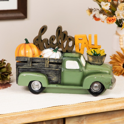 Hello Fall Vintage Style Truck Hauling Autumn Harvest Decoration - 11.25"