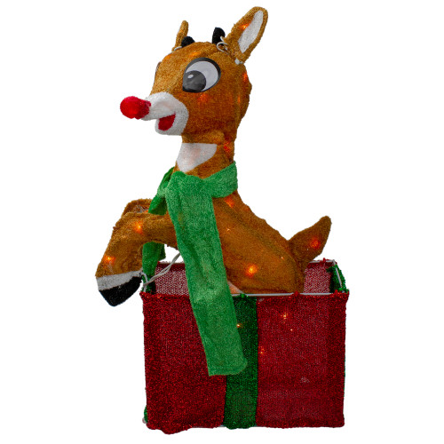 Lighted Rudolph the Red Nosed Reindeer Outdoor Christmas Gift Box - 24" - Clear Lights