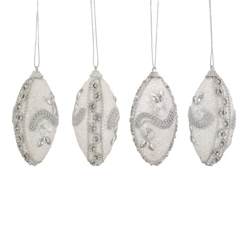 4ct White and Silver Shatterproof 2-Finish Christmas Teardrop Ornaments 4.5"