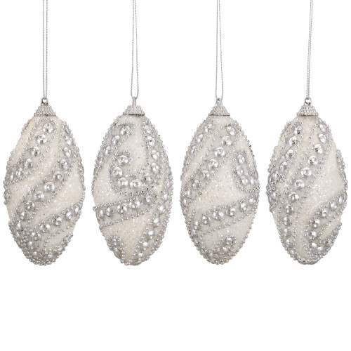 4ct White and Silver Shatterproof Glittered Christmas Finial Ornaments 4.5"