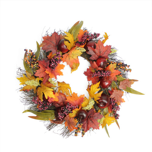Apple, Berry, Maple Leaf and Twig Artificial Fall Harvest Wreath - 22"