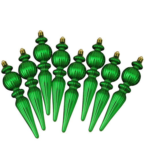 8ct Shiny Xmas Green Swirl Shatterproof Christmas Finial Ornaments 6.5"