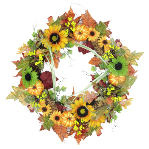 Autumn Mixed Pine Cones and Pumpkins Artificial Thanksgiving Wreath, Yellow 24-Inch
