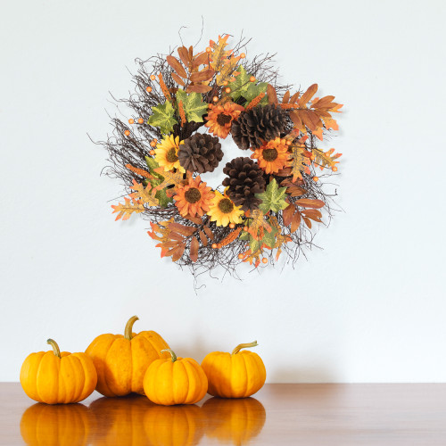 Sunflowers and Mixed Leaves Small Artificial Fall Harvest Twig Wreath - 20"