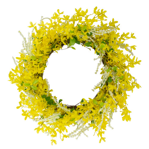 Forsythia and Leaves Artificial Floral Spring Wreath, Yellow - 22-Inch