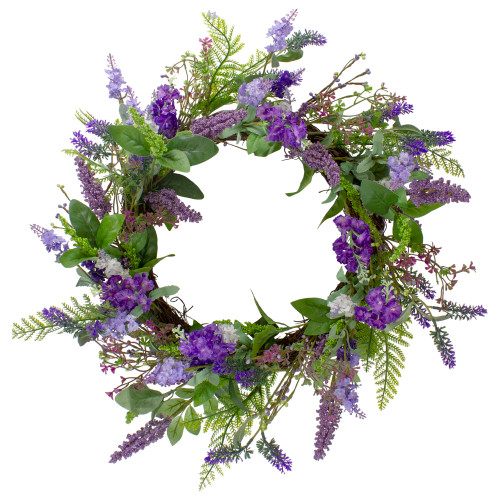 Lavender and Spring Foliage Artificial Wreath, Purple - 20-Inch