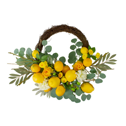 Lemons and Flowers Artificial Floral Spring Wreath, Yellow - 18-Inch