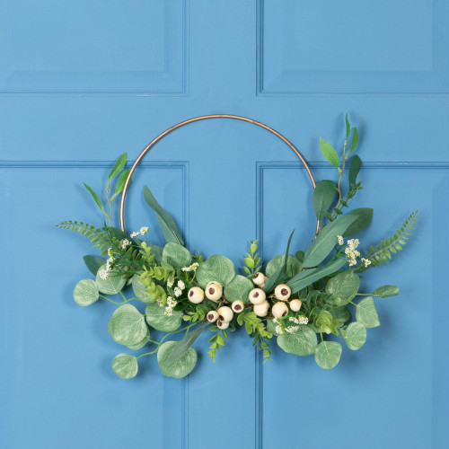 Eucalyptus Leaf and Fern Golden Ring Artificial Wreath - 30"