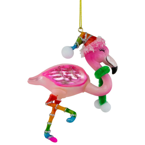 4.25" Pink Flamingo with Rainbow Hat Glass Christmas Ornament